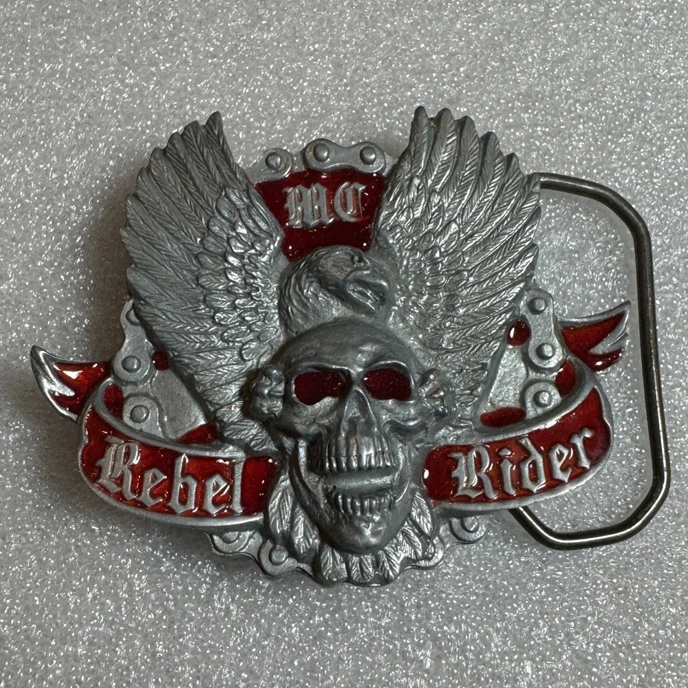 Winged Skull Eagle MC Rebel‎ Rider Belt Buckle Silver Tone Red Enamel Reissue